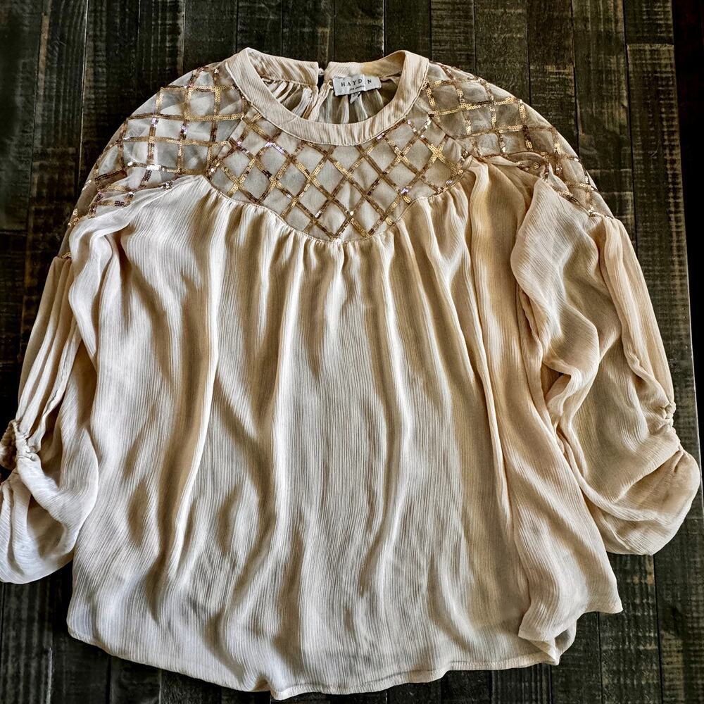 Hayden Los Angeles Beige Pleated Chiffon Sequin Lattice Mesh Blouse S/M H6587